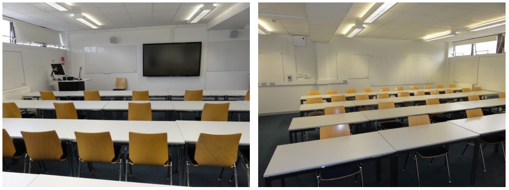 Classroom with rows of tables and chairs.